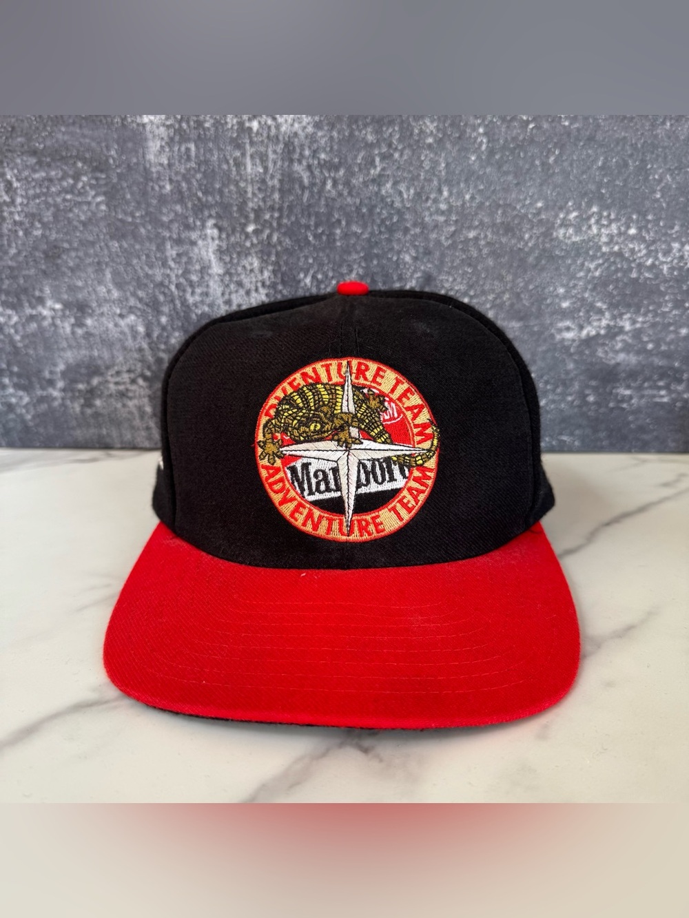 Vintage 90s Marlboro Hat Cap Adventure Team Lizard Compass Black Red Strapback